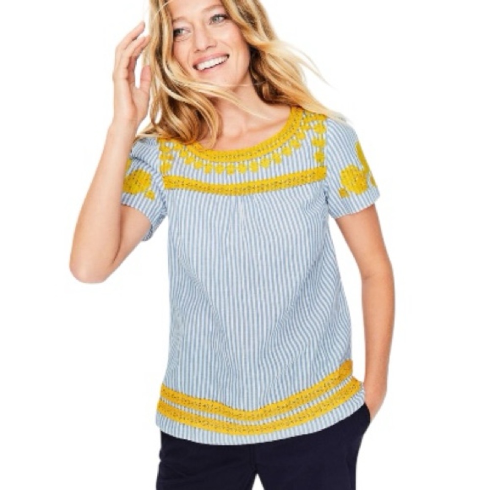 Boden Fiona Blue & White Striped Print Yellow Embroidered Linen Blend Top - 4